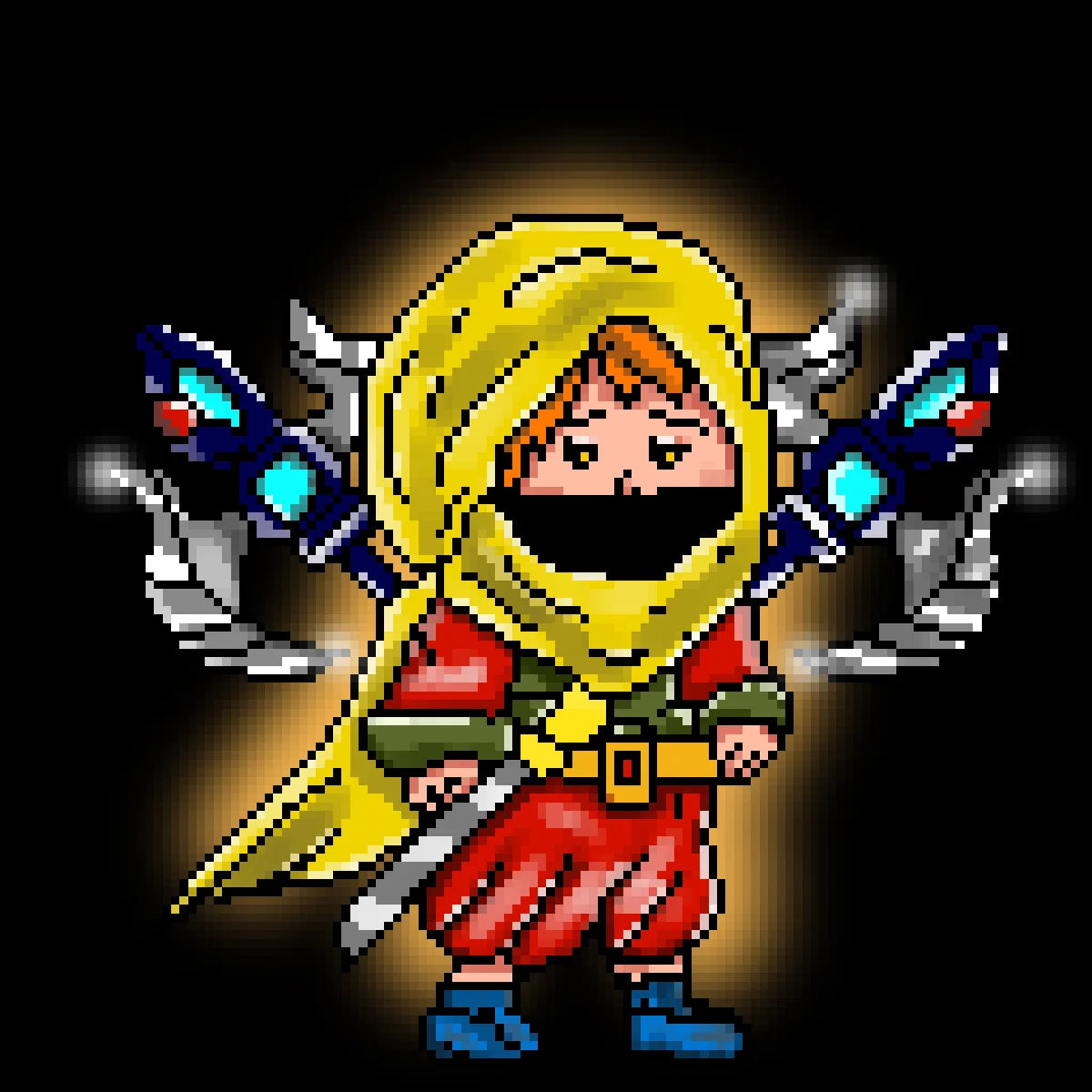 Pixel art illustration of a fantasy character wearing a yellow hood, red outfit, green sash, and blue boots, with glowing blue and red accessories on a black background.