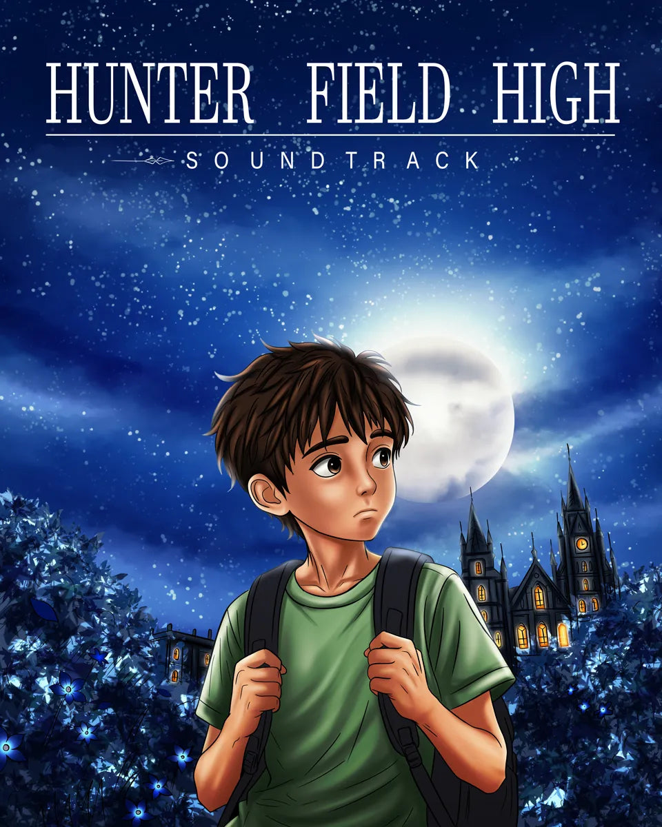 Illustrated cover art for the Hunter Field High Soundtrack, featuring a young boy with a backpack looking up at a full moon over a castle, with the title text at the top.