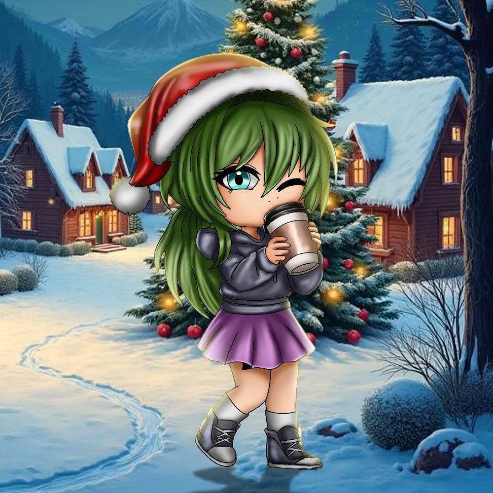 A chibi-style anime girl with long green hair stands in a snowy winter village at night, wearing a red Santa hat and a purple skirt while holding a coffee mug. A decorated Christmas tree, cabins, mountains, and snow-covered ground are visible in the background.