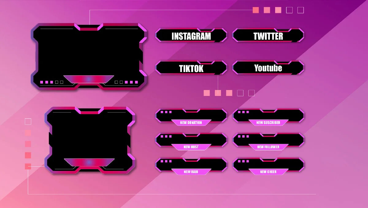 A digital graphic template featuring futuristic black and pink UI frames and text labels for social media platforms including Instagram, Twitter, TikTok, and YouTube, arranged on a pink and purple gradient background.