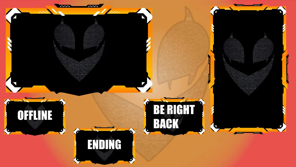 Digital game lobby placeholder graphic featuring three black panels with alien-like faces, one labeled 'OFFLINE', one 'ENDING', and one 'BE RIGHT BACK', set against a red and orange gradient background with a Spartan helmet silhouette.