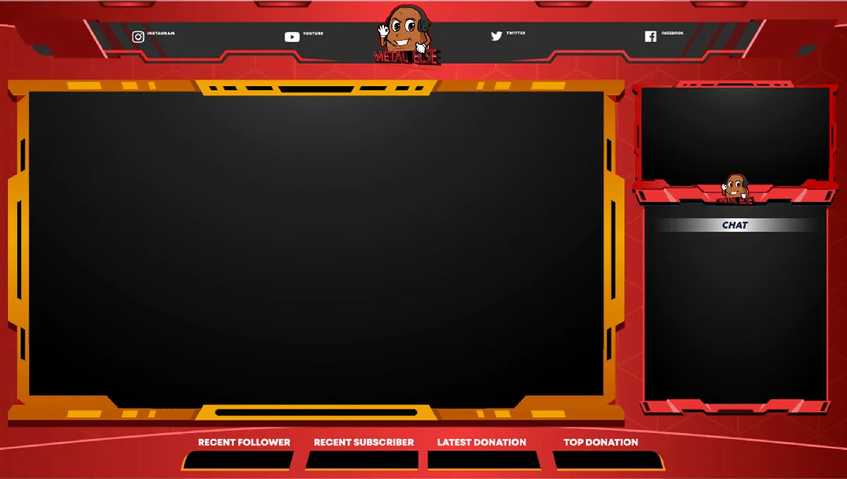 A digital stream overlay template featuring a large black video display area, a smaller chat window on the right, and various red and orange UI panels with placeholder icons and text for social media, followers, subscribers, donations, and top donors.