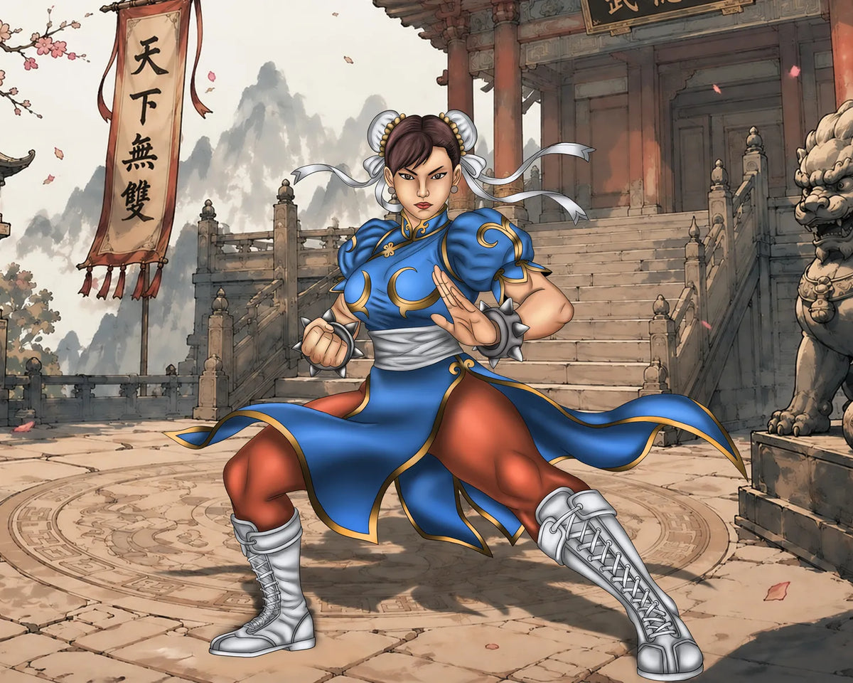 An illustrated female martial artist in a blue and red outfit poses in a courtyard with a traditional building, stone steps, mountains in the background, and a hanging banner with Chinese characters.