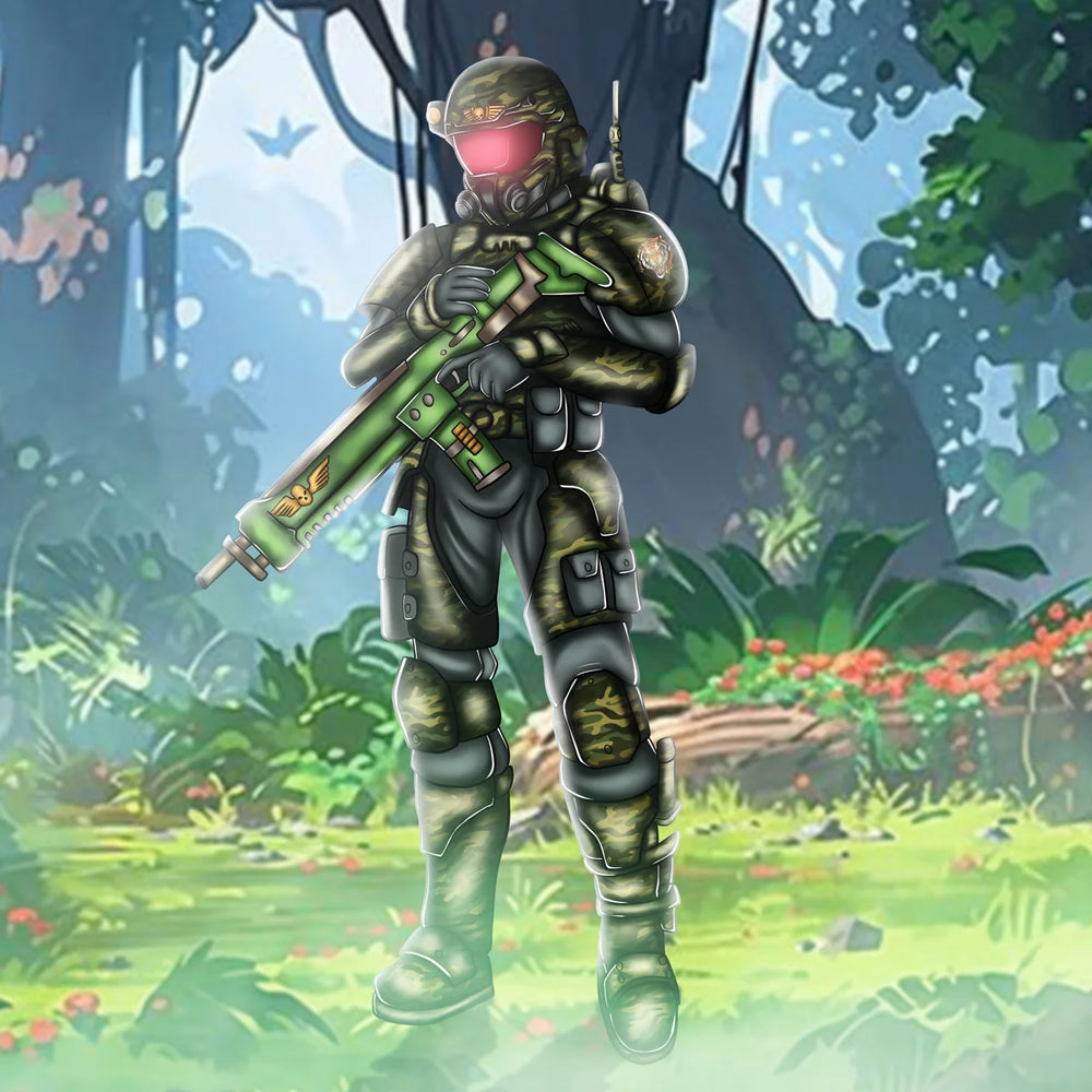A soldier in full camouflage tactical armor stands in a lush green jungle-like environment, holding a large green weapon with a glowing red visor. The scene is rendered in a stylized digital illustration rather than a standard product photo.