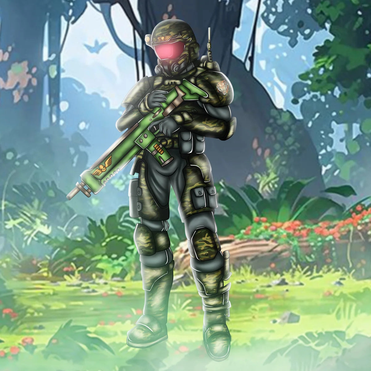 A soldier in full camouflage tactical armor stands in a lush green jungle-like environment, holding a large green weapon with a glowing red visor. The scene is rendered in a stylized digital illustration rather than a standard product photo.